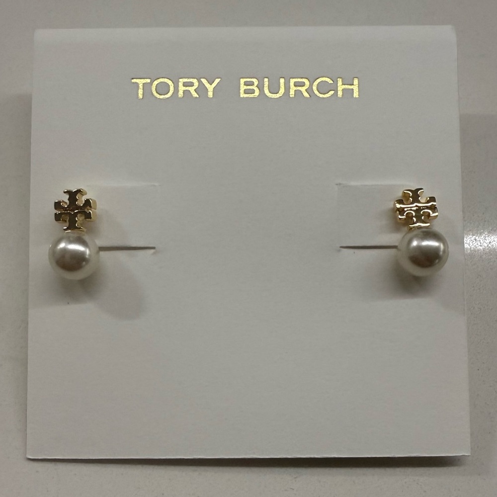 Tory Burch Gold Logo and Pearl Earrings